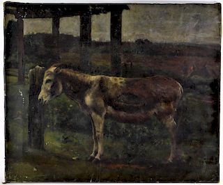 19C English Bucolic Landscape Painting of a Donkey