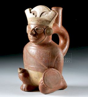 Moche Pottery Stirrup Vessel -  Kneeling Warrior