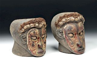 Pair of 20th C. Papua New Guinea Wooden Trophy Heads