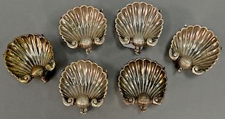 Set of six scallop shell footed open salts. ht. 1 in., 13 t oz. 
Provenance: Estate of Kenneth Jay Lane