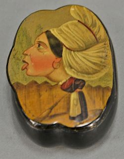 19th century paper mache box with hand painted figure of a woman with large head. 3" x 2" 
Provenance: Estate of Kenneth Jay Lane