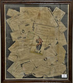 After Nicolas Marie Gatteaux (1751-1832), by Tardieu, hand colored engraving, Trompe L'oeil paper money and printed ephemera. 22 1/2" ...