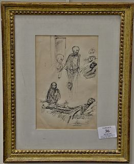 Paul Albert Besnard (1849-1934), pen ink paper, death visiting a sick person, signed lower right: Besnard. sight size 8" x 5" 
Prove...