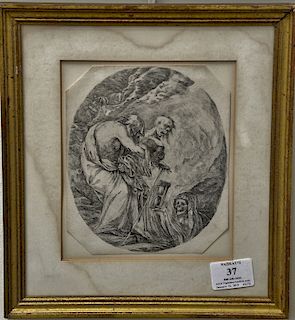 Stefano Della Bella (1610-1664), engraving, Old Man with death, man fighting death and death holding hourglass. sheet size 7" x 6". ...