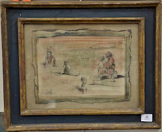 Conger A Metcalf (1914-1998), pen ink with wash, figures in foreground of landscape, one with crutches, signed lower left: Metcalf. ...