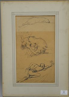Giulio Aristide Sartorio (1861-1932), pen and sepia ink on paper laid on board, Triptych Study: Panther, Panther Devouring Man, and ...