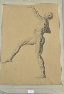19th Century Anatomical Study of Nude Male on Plinth, signed illegibly lower right 1843. 23 3/4" x 17 1/4" 
Provenance: Estate of Ke...