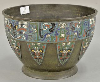 Champleve bronze pot with decorated bottom interior. ht. 8 in., dia. 11 3/4 in. 
Provenance: Estate of Kenneth Jay Lane