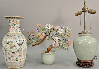 Three piece lot to include Rose Famille vase (ht. 18 in.), celadon vase/lamp vase (ht. 10 1/2 in.), and Japanese hardstone bronze tr...