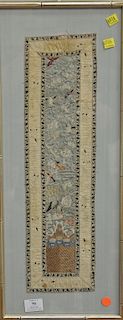 Two framed silk embroidered pieces, both gilt string having peacock, wild flowers, and birds. cloth: 21" x 5 3/4"