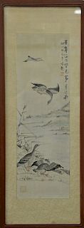 Two framed Chinese paintings including Oriental scroll with flying geese watercolor on silk, image size 31" x 10" and a watercolor o...