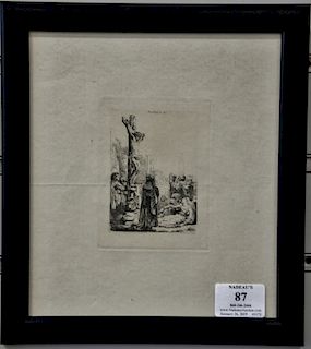 Harmensz van Rijn Rembrandt etching of Christ on the Cross, signed in plate. plate size 4 1/2" x 3 1/4"