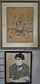 Group of five framed pieces to include pencil on paper of two figures, signed illegibly lower right 1947; "Antoinette Fath…", two br...