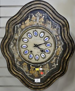 Mother of pearl inlaid wall clock having serpentine edged cartouche form, eglomise dial signed Mousson, and mother of pearl gilt dec...