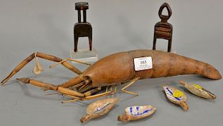 Small group of carved wood items to include Borneo figure of a lobster lg. 20 in., set of polychrome painted leaves, and two carved ...