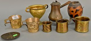 Tray lot with metal items to include three gilt metal cups, stem cup with figural head and neck handles along with pair of cups mark...