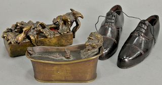 Three piece group to include bronze monkey in a bath looking into a mirror match holder and striker (missing mirror) similar to Chri...