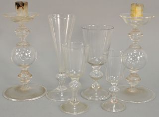 Large group of hand blown glass to include seven decanters, set of stemmed glass, ten champagnes, ten cordials, seven brandy, nine w...