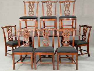 Nine piece mahogany dining room set including eight Chippendale style chairs and double pedestal table with two 20 inch leaves. top:...