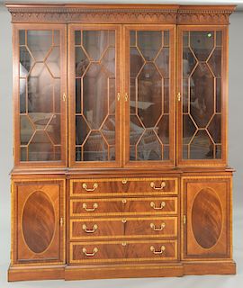 Hickory mahogany inlaid breakfront with glass shelves, two part. ht. 85 1/2 in., wd. 71 in.
