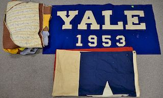 Group of textiles to include Yale banner (22" x 45"), hand sewn American flag, Lonestar Texas flag, and a quilt.