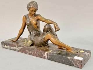 Art Nouveau figure on marble base (marble repaired). ht. 12 in., lg. 21 in.