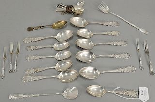 Sterling silver lot including demitasse spoons horderves forks, and various spoons. 24.5 t oz.