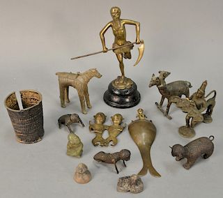 Group of archaic figural bronze and brass items to include double figure, Centaur censor, two headed animal, horse, wristband, tall ...