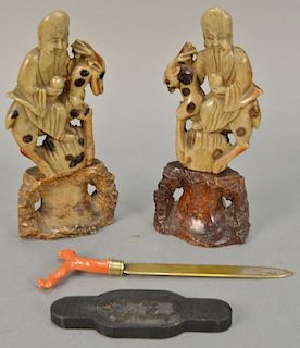 Group of Asian items to include a pair of carved soapstone Chinese figures in two part, coral handled letter opener ht. 8 1/4 in. (a...