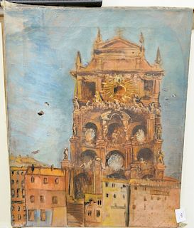 Two Kenneth J. Lane paintings including an oil on canvas of a building 22" x 17" (two small holes) and an oil on board of a church w...