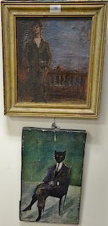 Four Kenneth Jay Lane oil on canvas paintings including a man standing on a balcony, two portraits, and a cat sitting in a chair, si...