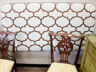Three piece lot to include custom double upholstered headboard (ht. 56 in., wd. 62 in.) and two custom cornices (17 1/2" x 87 1/2" a...