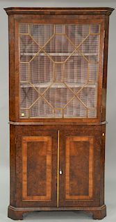 Burlwood corner cabinet in two parts. ht. 79 in., wd. 39 in.