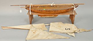 Pond boat with sails in blue box designed and built 1900 by Harry Saunders Saunderstown R.I. lg. 30 in.