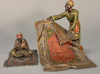 Two piece lot to include: Franz Bergman (1861-1936), cold painted bronze, Orientalist Figure sitting on a carpet, smoking a pipe, ma...