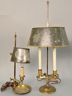 Two brass bouillotte lamps including double candlestick with tole shade and a single candlestick with adjustable tole shade. ht. 16 ...