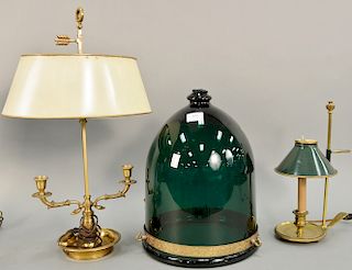 Three piece group to include green glass hanging bell shade marked Bloomingdales (no parts, shade ht. 15 1/2 in., dia. 12 in.) and t...