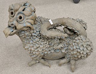 Large stoneware dragon figural sculpture with blue glaze. ht. 18 1/2 in., lg. 23 in. 
Provenance: Estate of Kenneth Jay Lane