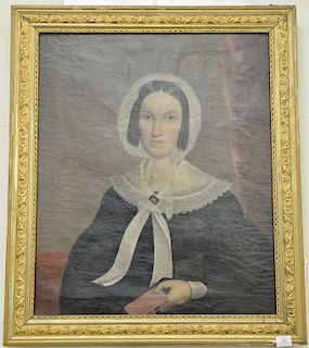 Portrait of a woman with a bonnet holding a book, label on verso: Susan ______ painted in Albany N.Y. 1842 age 34. 30" x 25"