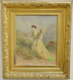 Philipp Rumpf (1821-1896), watercolor on paper, portrait of a lady picking flowers, signed lower left: Ph. Rumpf Cranberg, in gilt V...