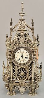 Silvered steeple clock with enameled dial. ht. 19 in.