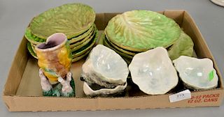 Tray lot with set of nine Italian cabbage leaf plates, two large cabbage leaf plates, four Majolica shell footed dishes, and a Majol...