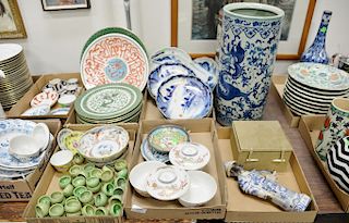 Five box lots including two sets of Japanese plates, Chinese bowls, blue and white plates, set of famille verte plates, Oriental fig...