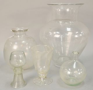 Group of five hand blow glass items to include iridescent footed glass, large globular vase with folded rim, large vase, small globu...
