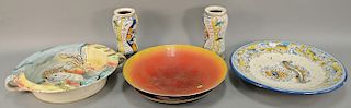 Six piece lot to include Hackman enameled center bowl, stoneware charger, large Majolica bowl with two handles, and three Raffaelli ...