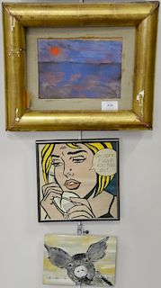 Seven framed pieces to include three mixed media on paper: "Horizon Blue", "Beyond the Blue Horizon", "Sea Sunset Now You See it and...