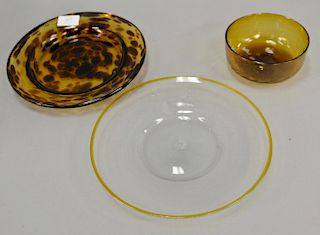 Large group of art glass Murano hand blown plates and bowls to include a set of nine tortoise colored plates with ground bottoms, pi...