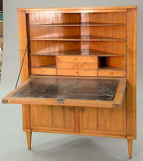 Fruitwood corner desk with drop front. ht. 58 in., wd. 46 in. 
Provenance: Estate of Kenneth Jay Lane