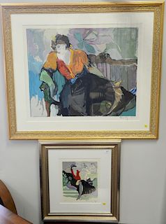 Two Itzchak Tarkay, serigraph lithograph, Lady in Armchair 1987, 23 3/4" x 29" and a woman with lavender hat 1988, 12" x 10".