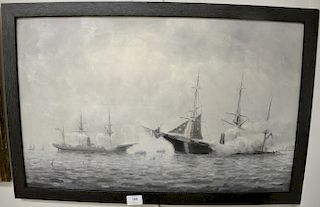 Battle of the Kearsarge & The Alabama en Grisaille, oil on board, unsigned. 17" x 27"